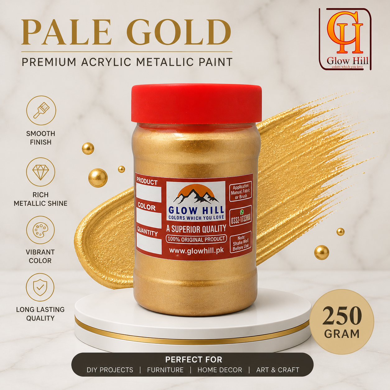Pale Gold Acrylic Metallic Pearl Paint for Wood, Metal, Glass & DIY Craft Projects